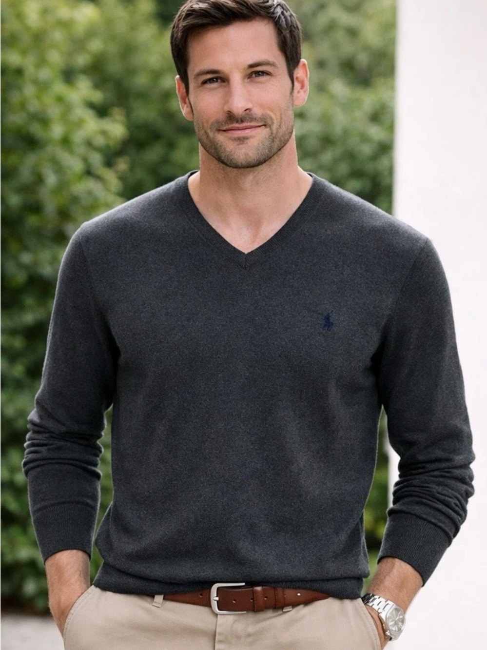 Polo by Ralph Lauren Men’s Charcoal V-Neck Pima Cotton Sweater